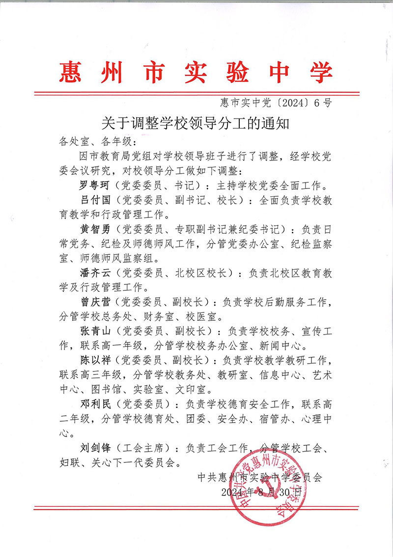 关于调整学校领导班子分工的通知（惠市实中党[2024]6号）2024.08.30_00.jpg
